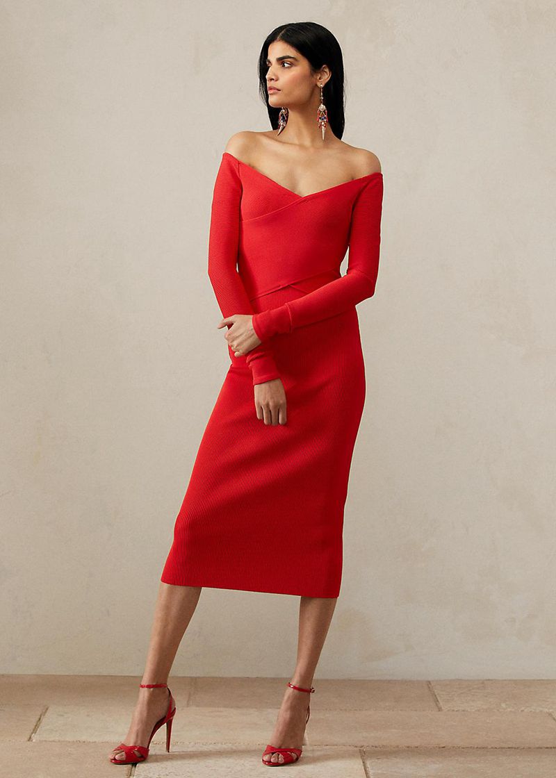 Vestidos Ralph Lauren Mujer Rib-Knit Off-Shoulder Cocktail Chile Rojas UKXAW-7230